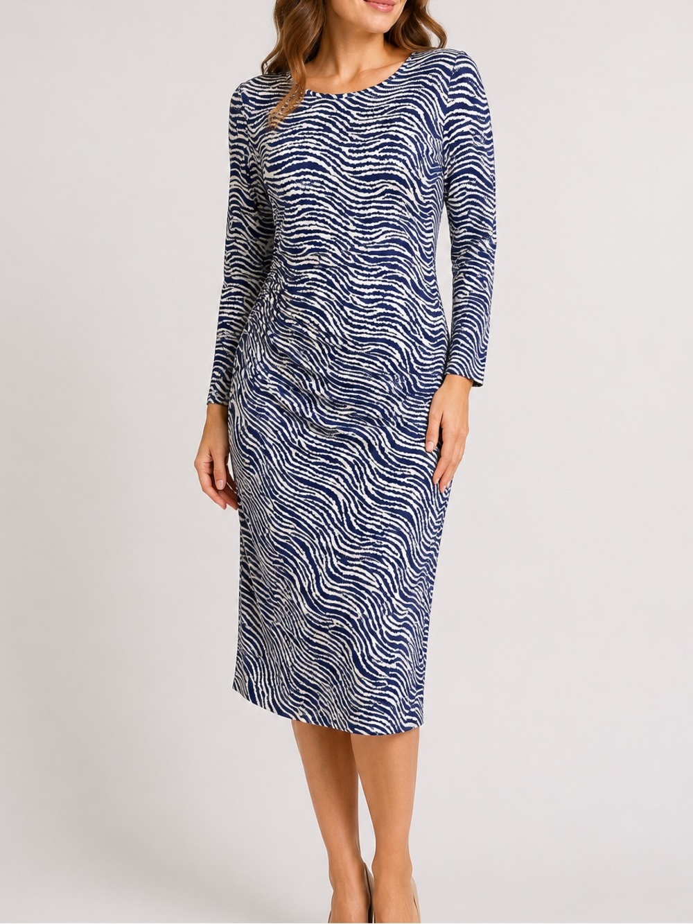 J. McLaughlin Women’s Size XS Blue White Zebra Ruched Sheath Dress Animal Midi